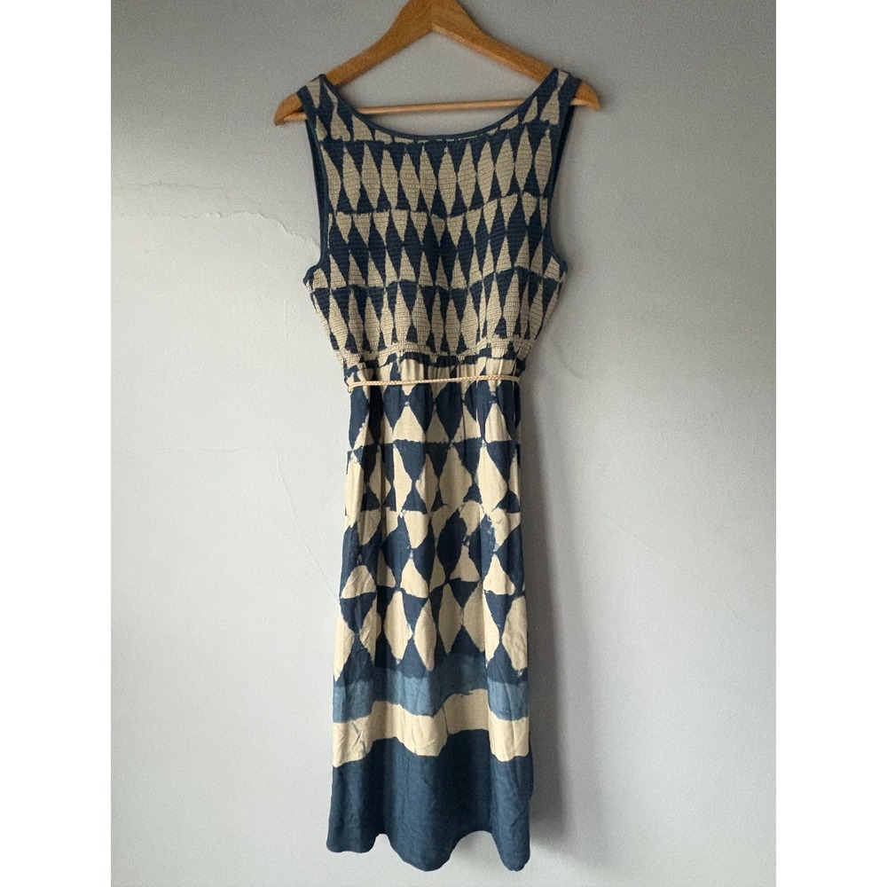 Anthropologie Maeve Castalia Blue Geometric Smocked Midi Dress Size 12 - Picture 9 of 10